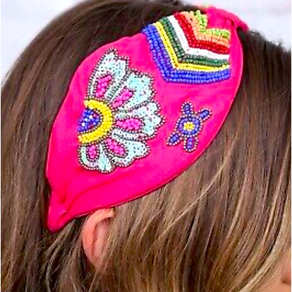Praira Sequin & Beaded Strawberry Pink Rainbow Knot Embellished Headband NEW